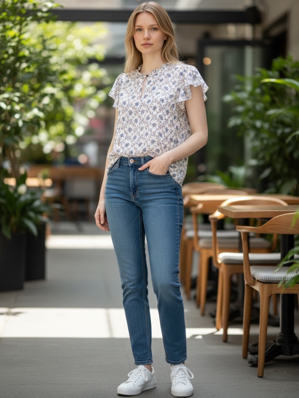 LOFT Floral Flutter Sleeve Blouse White Blue Pink Cottagecore Top